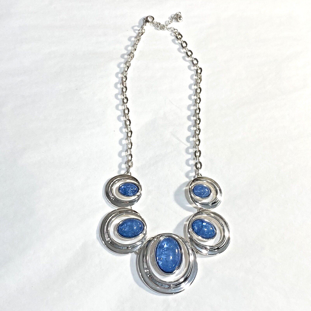 Silver chain fashion necklace collar mod floating blue stone pendants retro chic